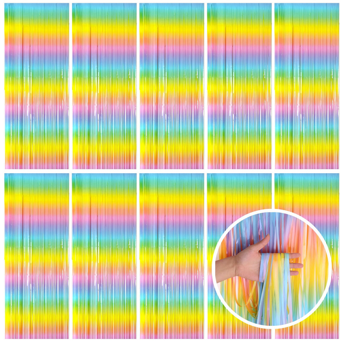 BOMSI pastel rainbow foil fringe curtain backdrop creates a vibrant photo backdrop