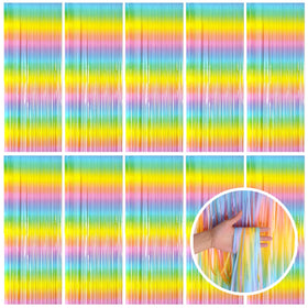 BOMSI pastel rainbow foil fringe curtain backdrop creates a vibrant photo backdrop