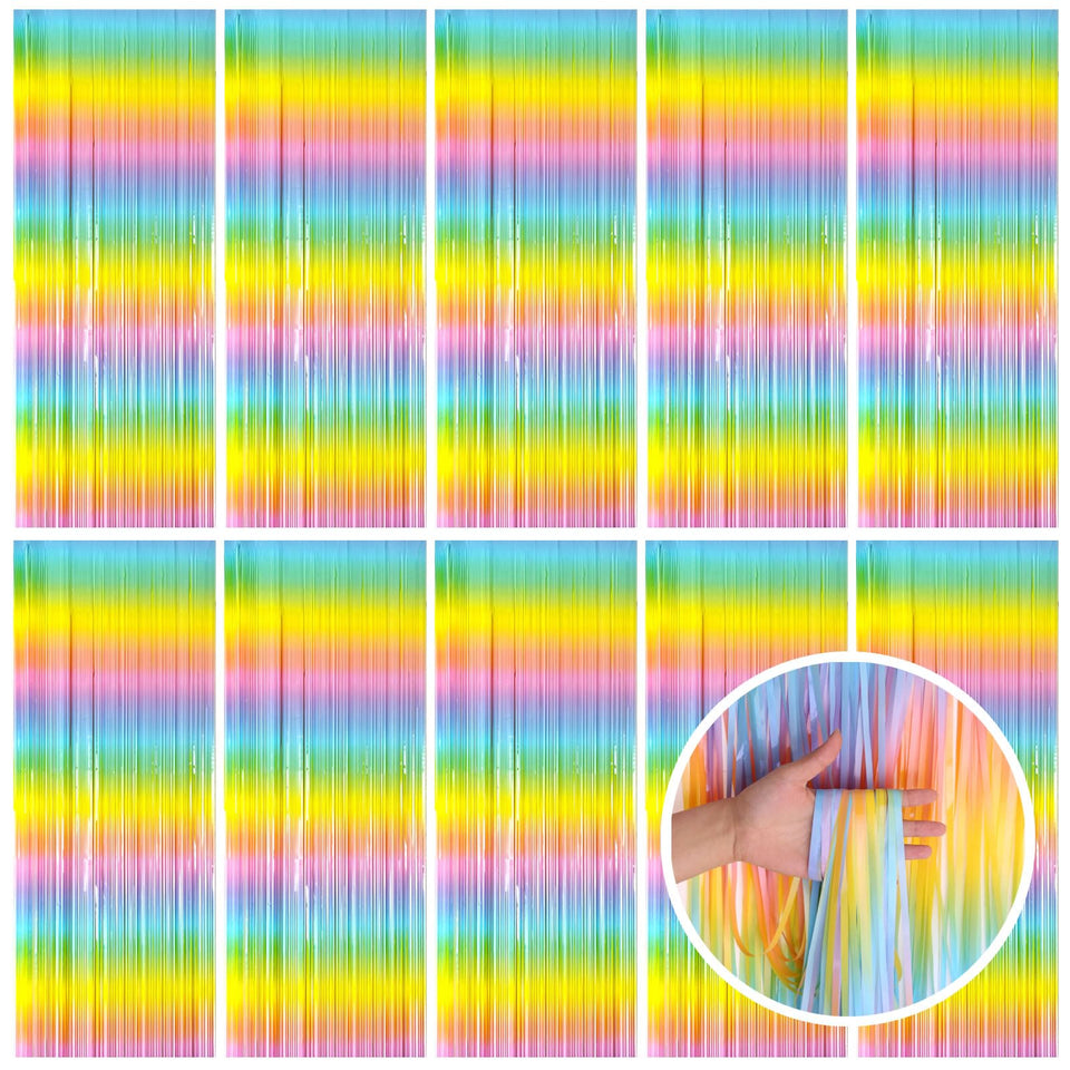 BOMSI pastel rainbow foil fringe curtain backdrop creates a vibrant photo backdrop