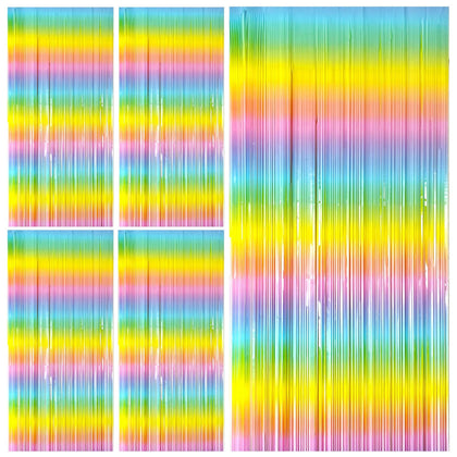 Bomsi pastel rainbow foil fringe curtain adds vibrant color to backdrops for events.