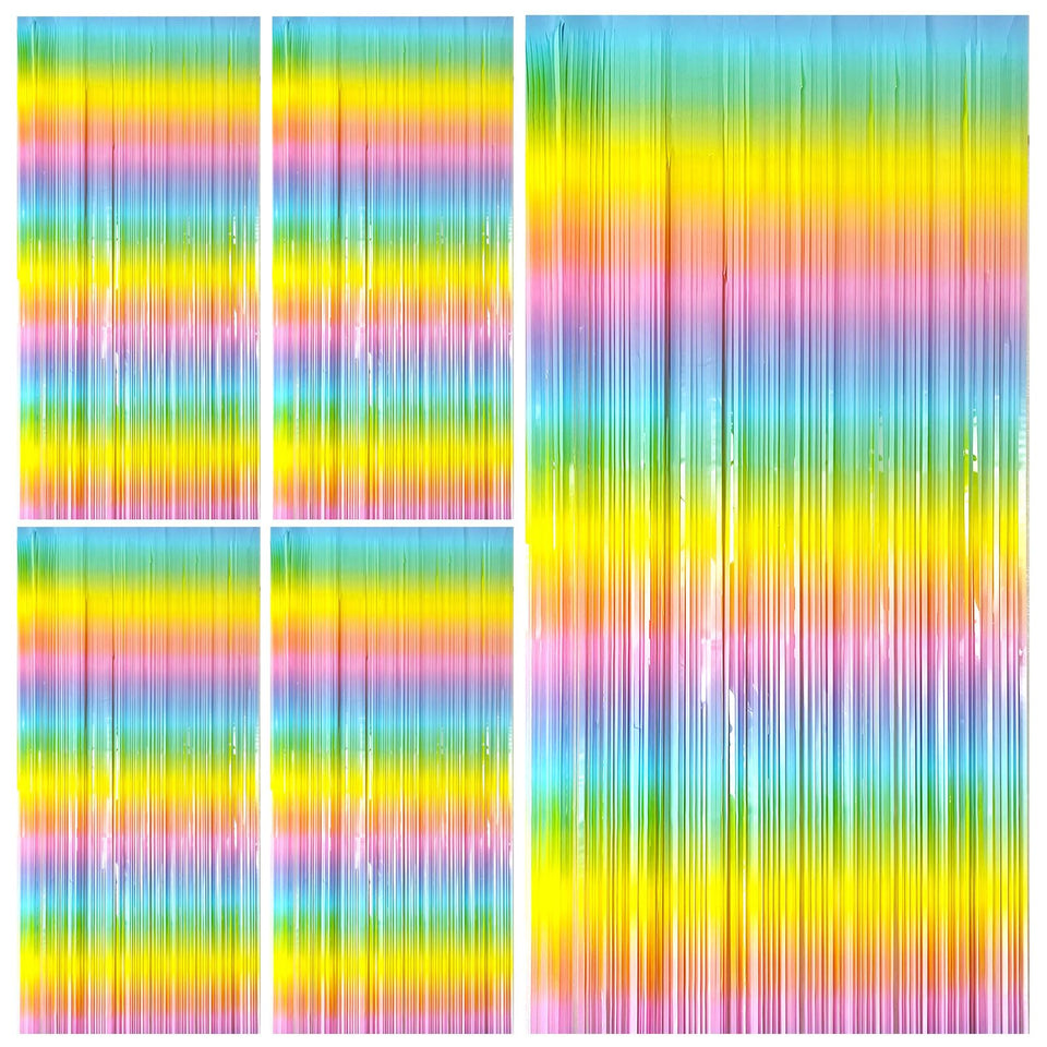Bomsi pastel rainbow foil fringe curtain adds vibrant color to backdrops for events.