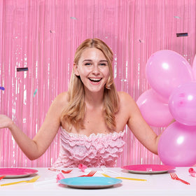 BOMSI photo booth backdrop boosts selfie moments with shimmering pink tinsel