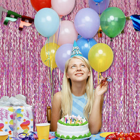 BOMSI photo booth prop with pink foil fringe for photos