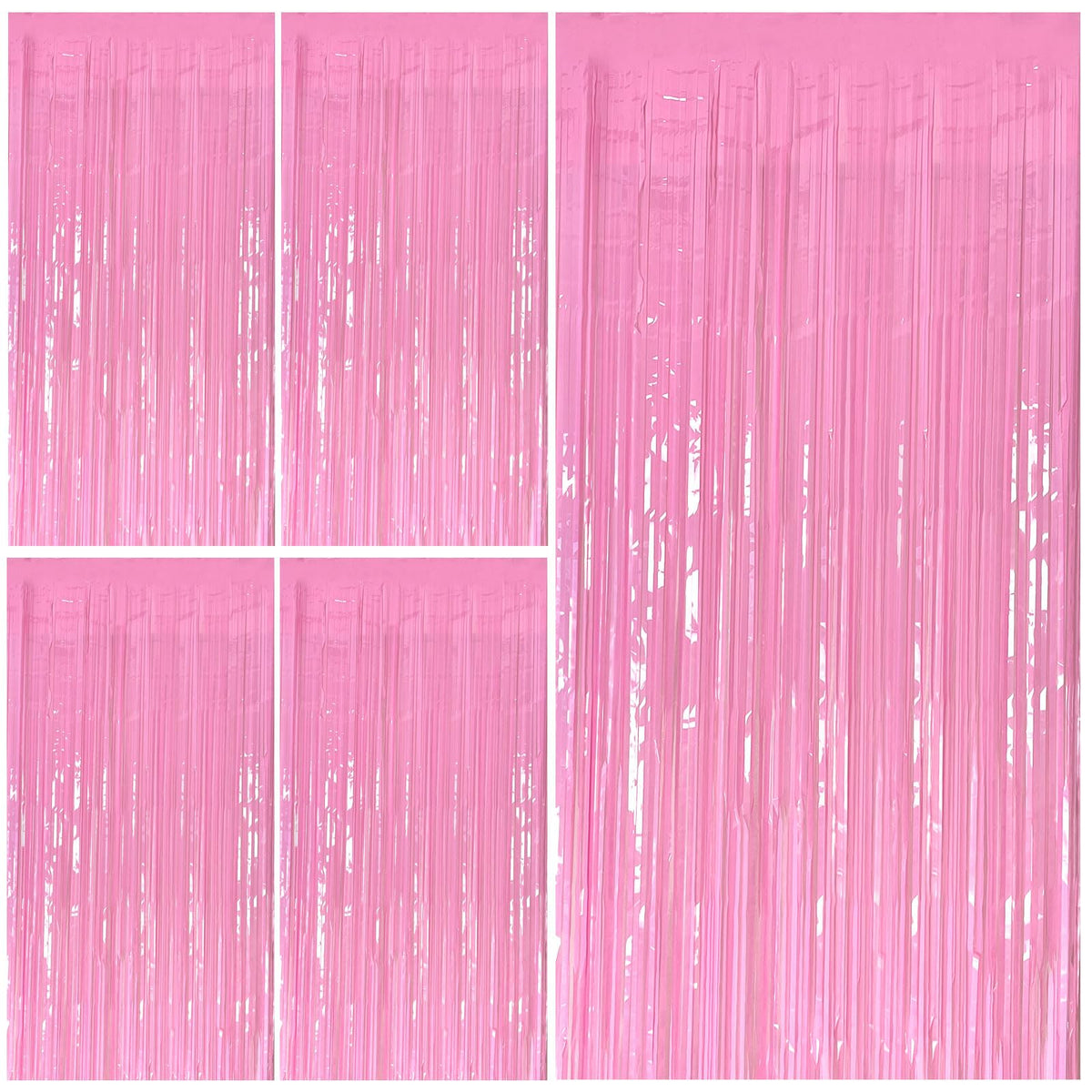 Bomsi pink foil fringe backdrop adds vibrant color for party photos.