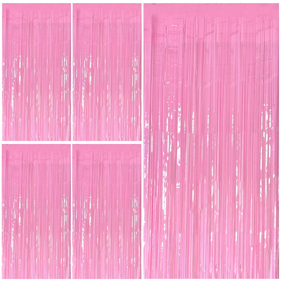 Bomsi pink foil fringe backdrop adds vibrant color for party photos.