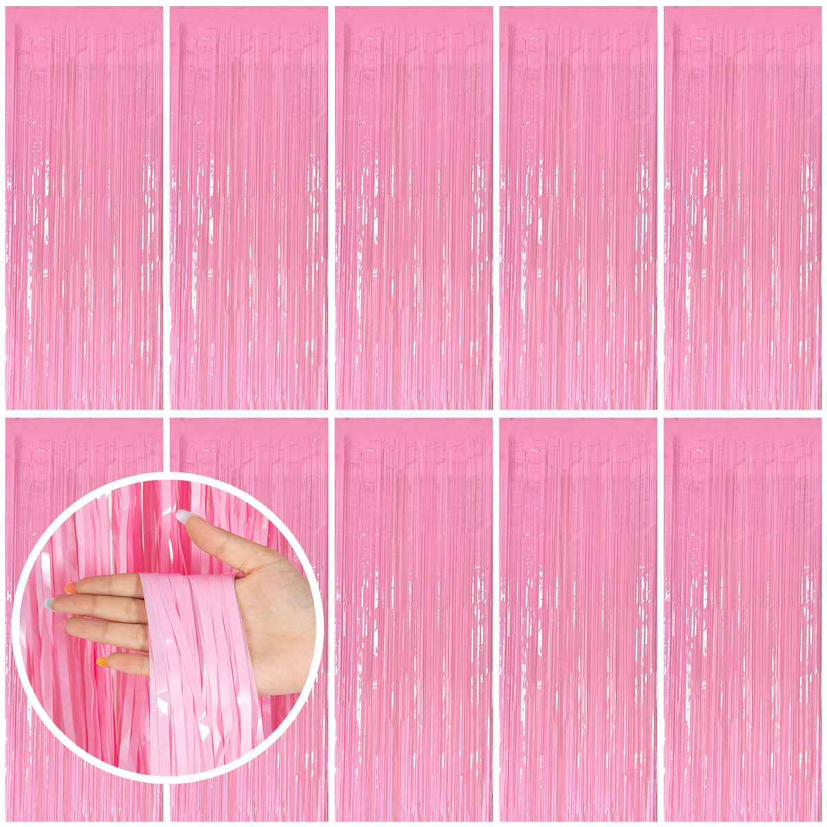 Bomsi pink tinsel curtain backdrop enhances photo moments with sparkle.