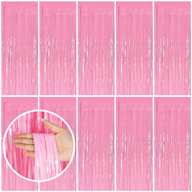 Bomsi pink tinsel curtain backdrop enhances photo moments with sparkle.