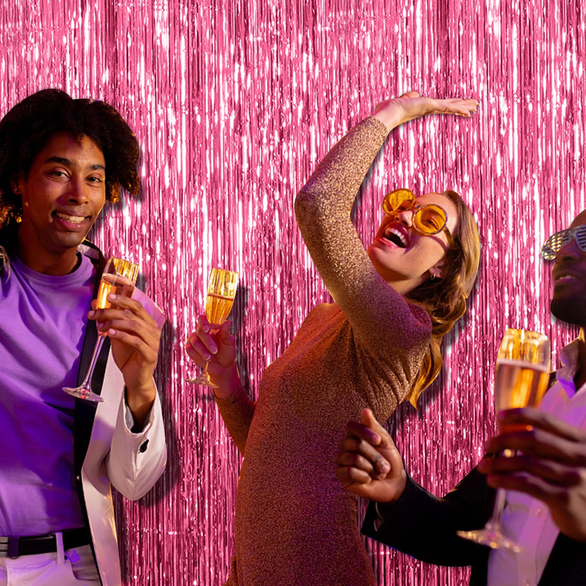 BOMSI pink tinsel curtain backdrop easily hangs on walls or doors