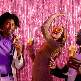 BOMSI pink tinsel curtain backdrop easily hangs on walls or doors