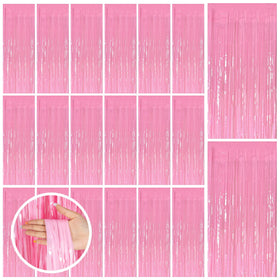 BOMSI pink tinsel curtain front view showing full shimmering backdrop and party-ready look