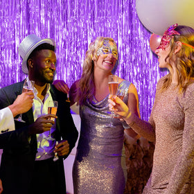 BOMSI purple tinsel backdrop wall display adds shimmer to any party area