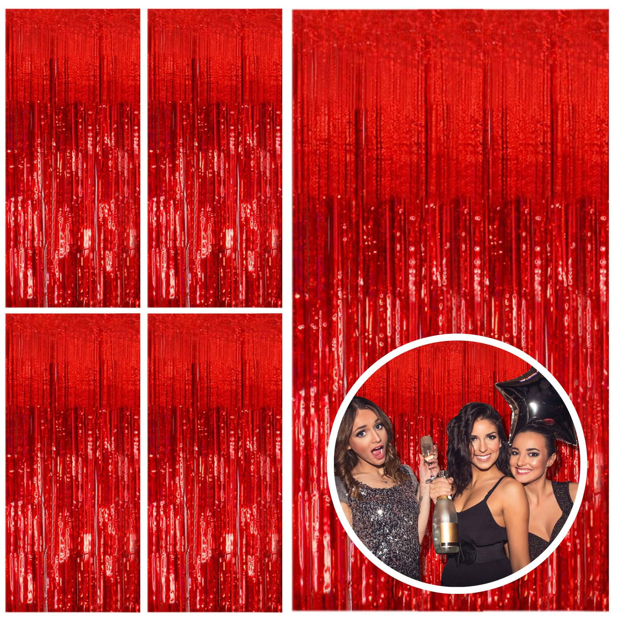BOMSI red foil fringe backdrop draped over a doorway for festive entry photos