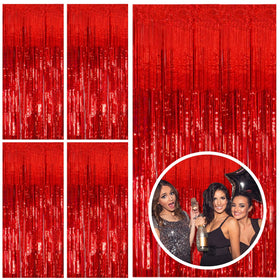 BOMSI red foil fringe backdrop draped over a doorway for festive entry photos