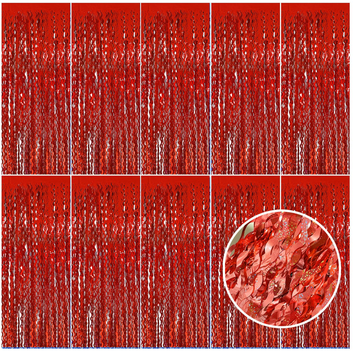 BOMSI red tinsel foil fringe curtains create a sparkling wavy backdrop for parties.