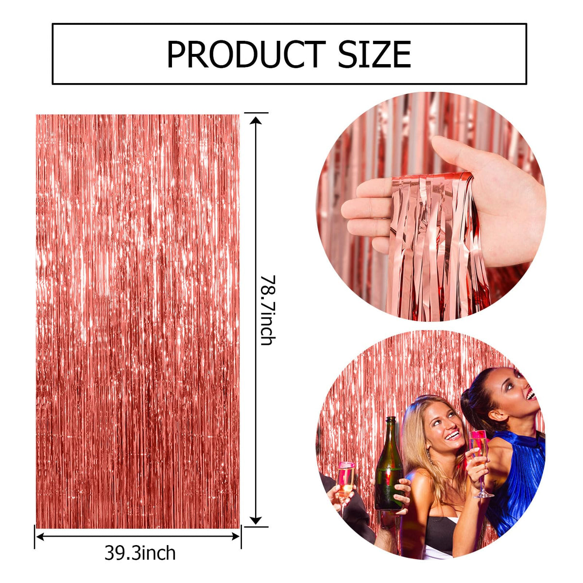 BOMSI foil fringe curtain decor for entrances and selfies at events.