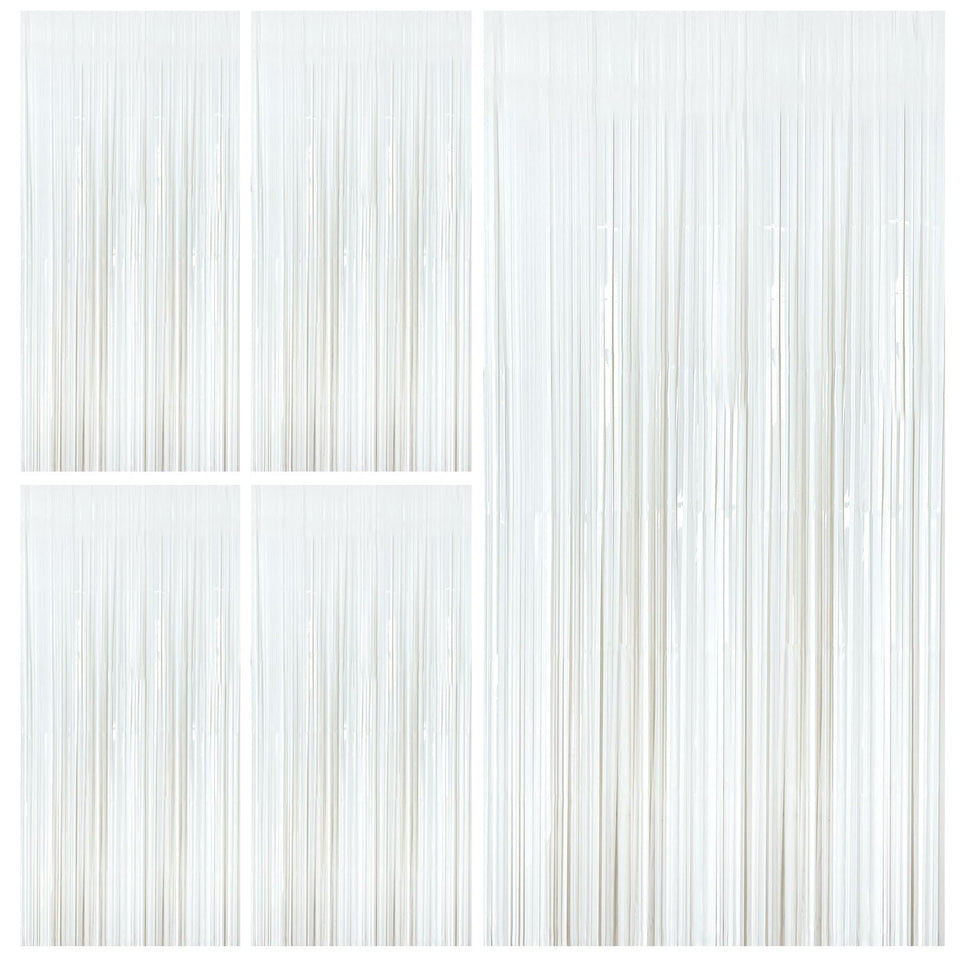 BOMSI white foil fringe backdrop curtain creates a shimmering photo backdrop for celebrations.