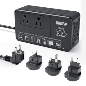 Bonazza 1600W converter front view for overseas power, travel-friendly design.