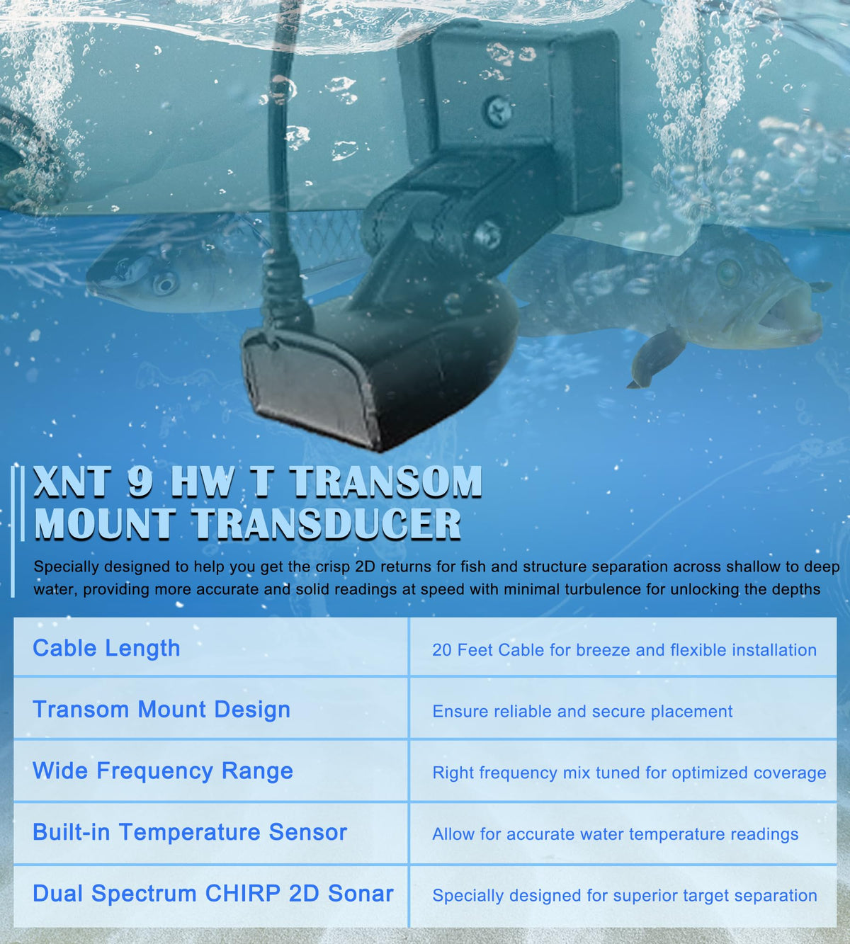 Bonbo transducer label closeup showing frequency specs for accurate Dual Spectrum CHIRP targeting