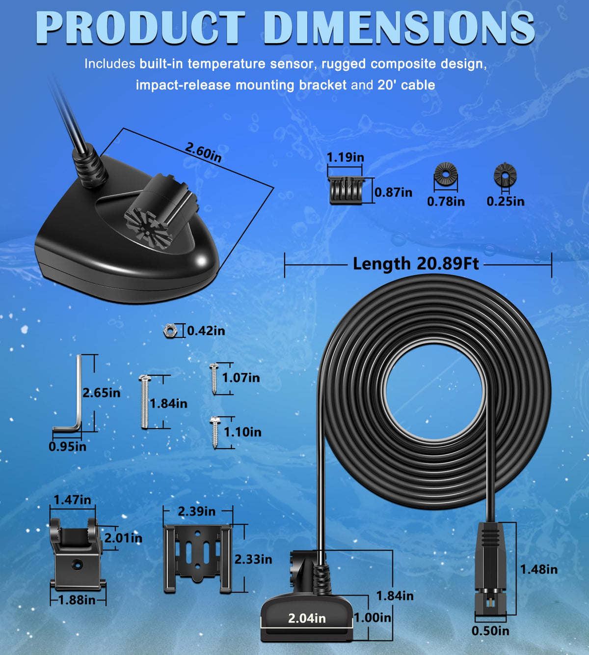 Bonbo transducer 20ft cable coiled to show length and flexible installation options