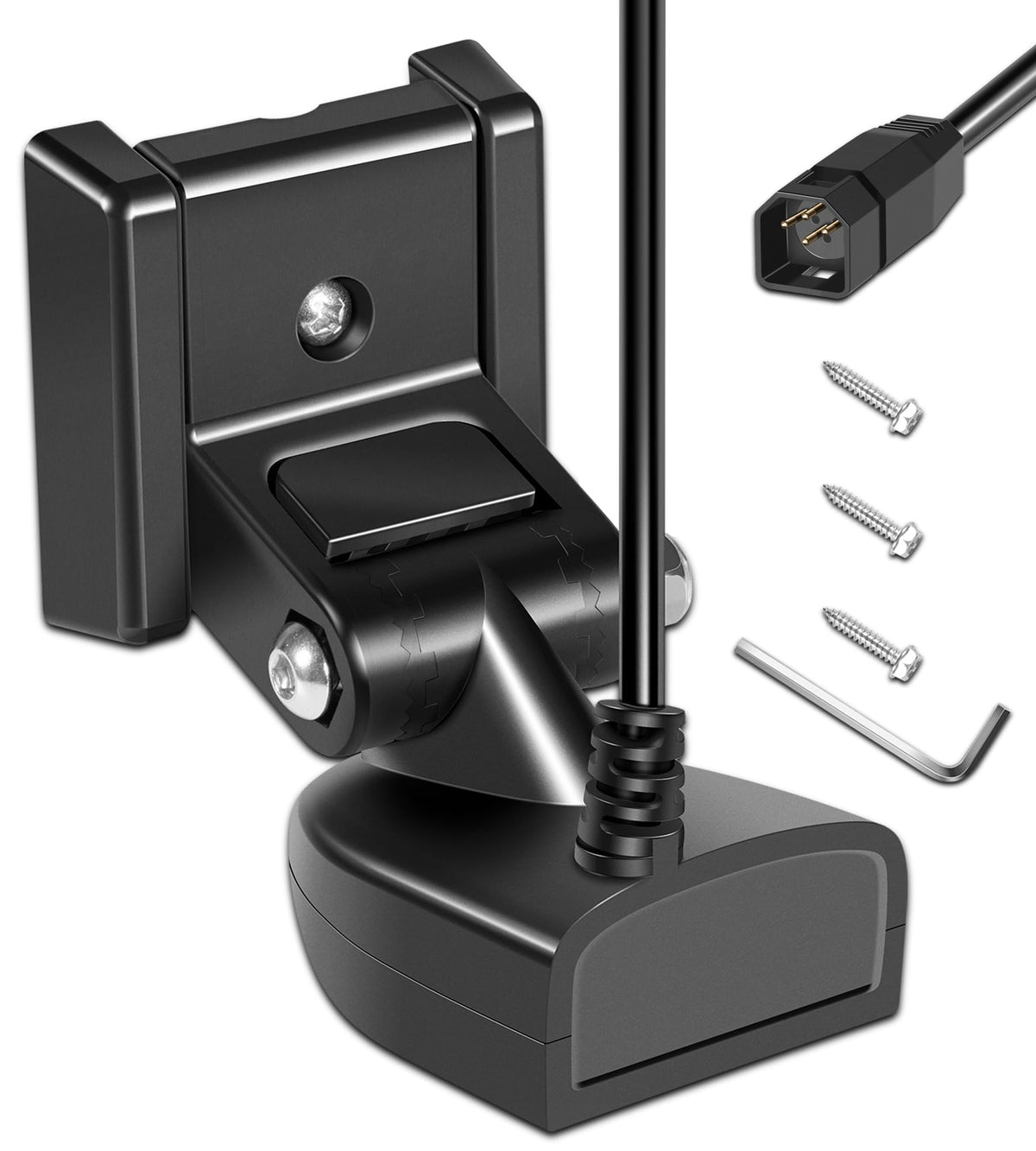 Bonbo transom front view showing compact transducer with stable mount and improved sonar clarity
