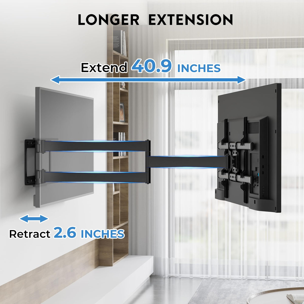 Bontec full-motion bracket enabling swivel for couch-side viewing.