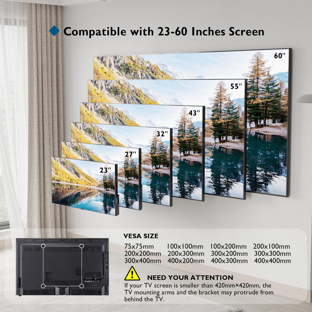 BONTEC mounted TV in living room showing tidy look and space-saving benefit