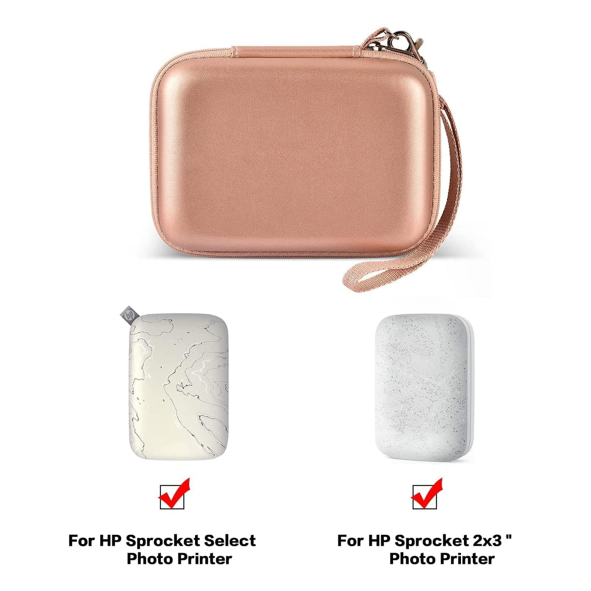 Boobowl HP Sprocket case, rose gold open pocket stores cables.