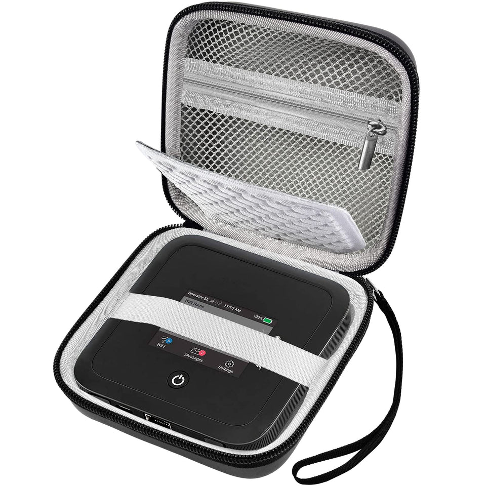 Boobowl front view of hard travel case protects NETGEAR hotspot