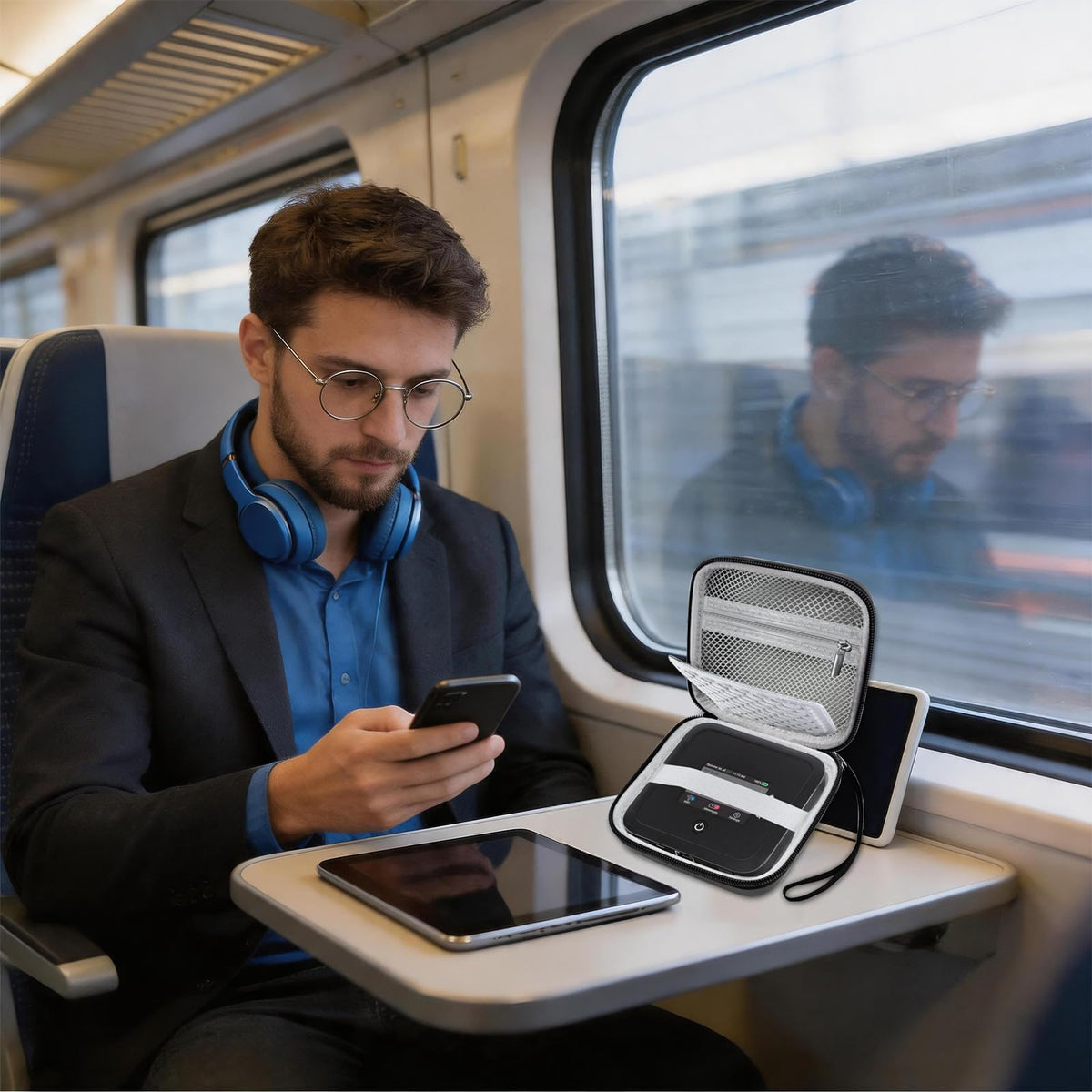 Boobowl case next to backpack showing compact travel-friendly size