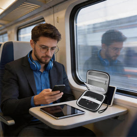 Boobowl case next to backpack showing compact travel-friendly size