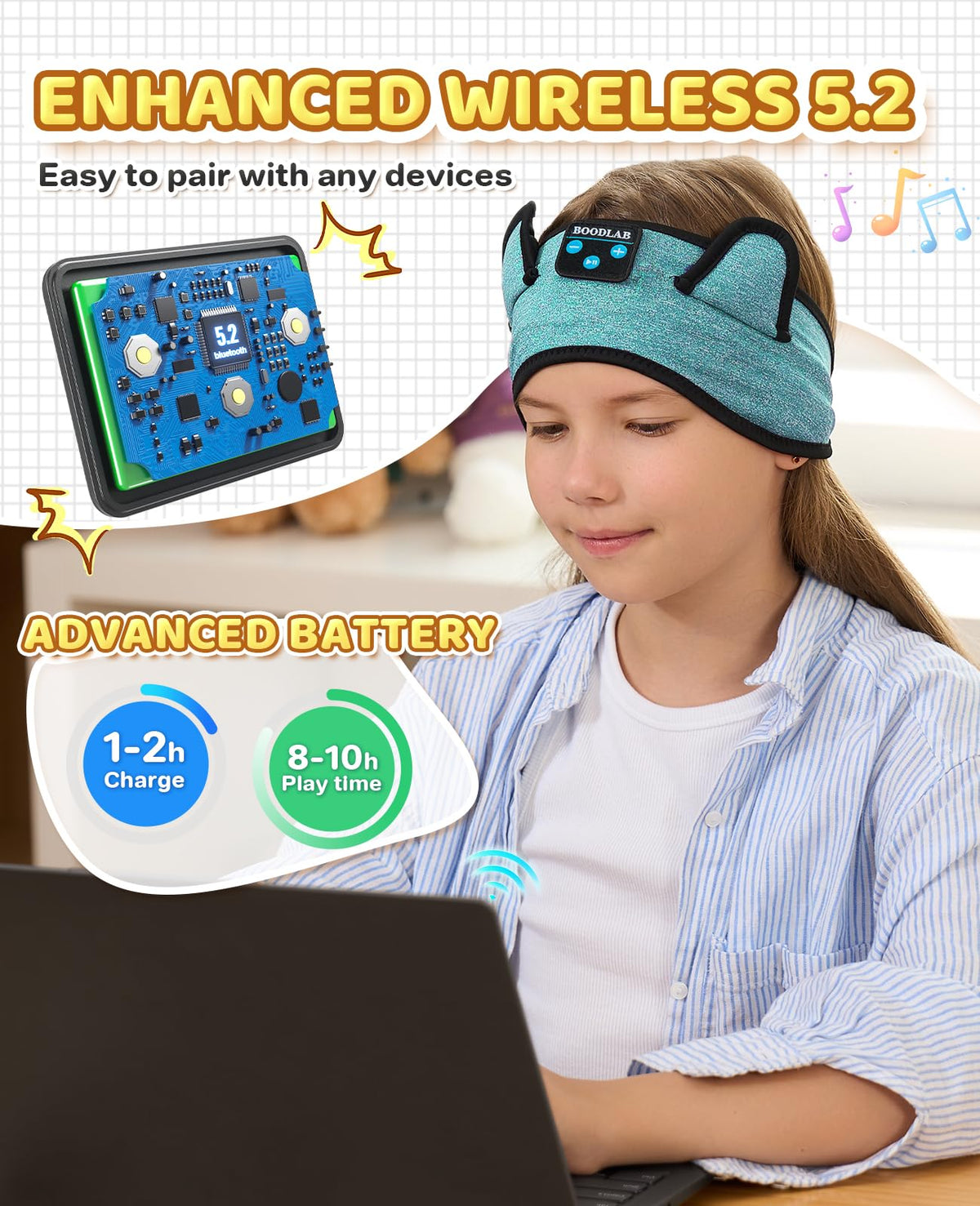 Boodlab Kids Headband with 3.5mm wired backup for uninterrupted listening.