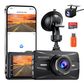 Boogiio dashcam front camera 4K with IPS screen capturing clear road footage.