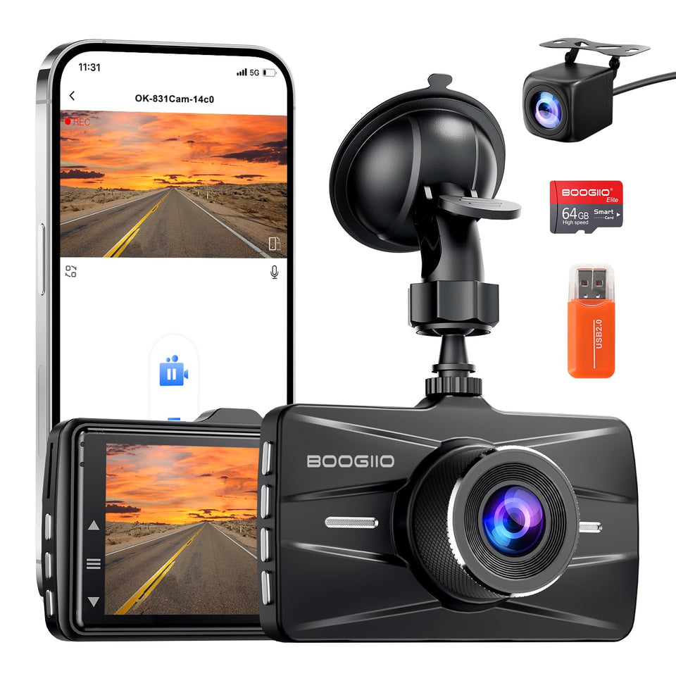 Boogiio dashcam front camera 4K with IPS screen capturing clear road footage.