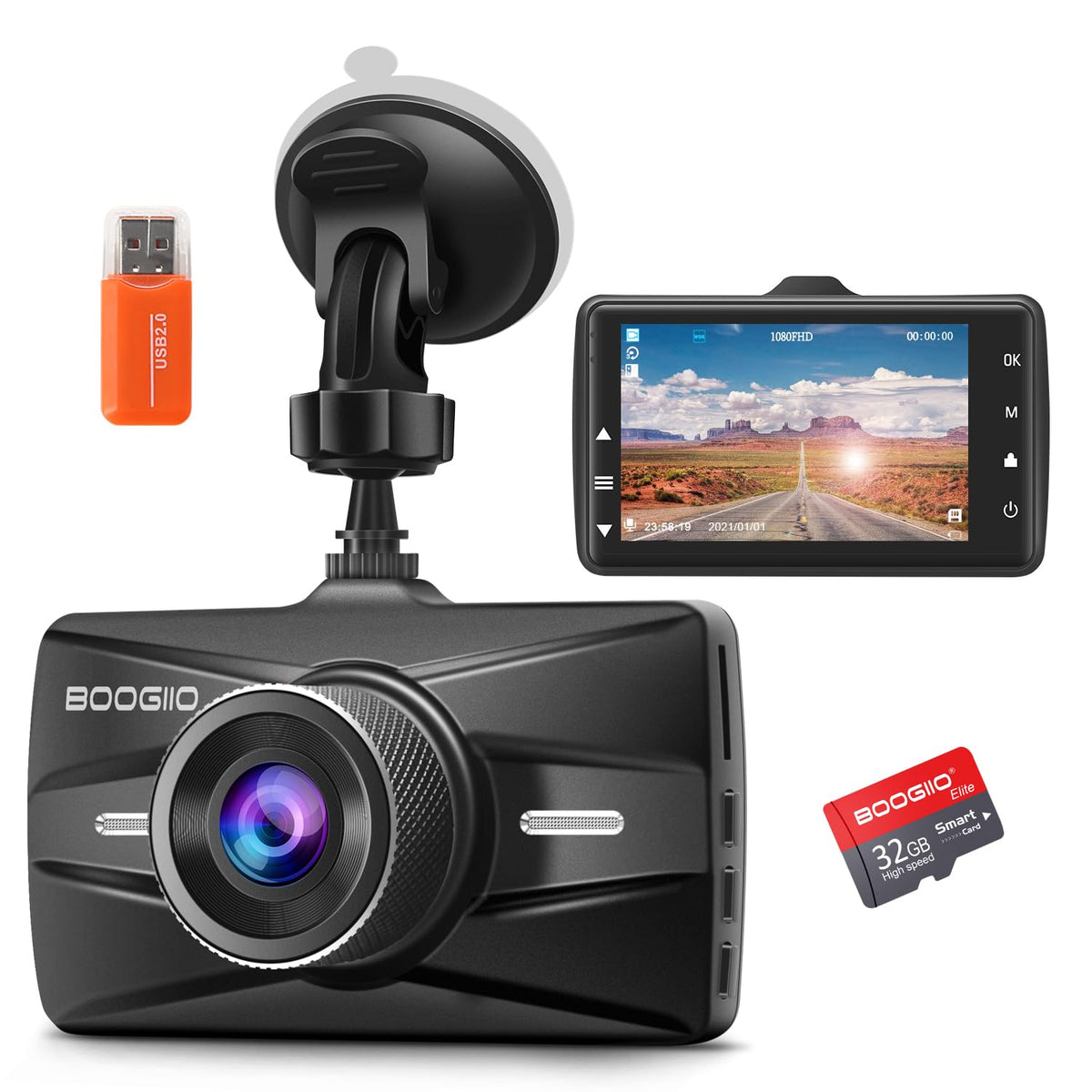 BOOGIIO front view of dash cam showing compact design and sturdy build benefit