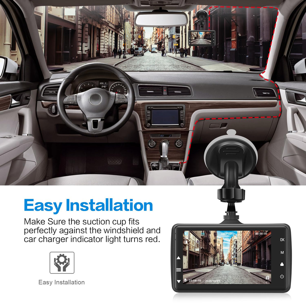 BOOGIIO dash cam next to a smartphone showing compact size for easy placement