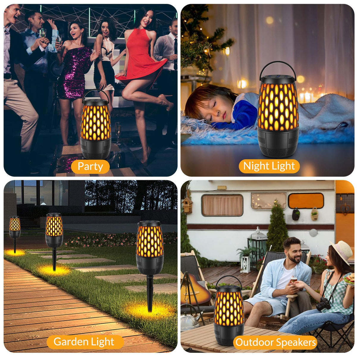 Boopp 360-degree sound with multi-sync links up to 100 speakers for large gatherings.