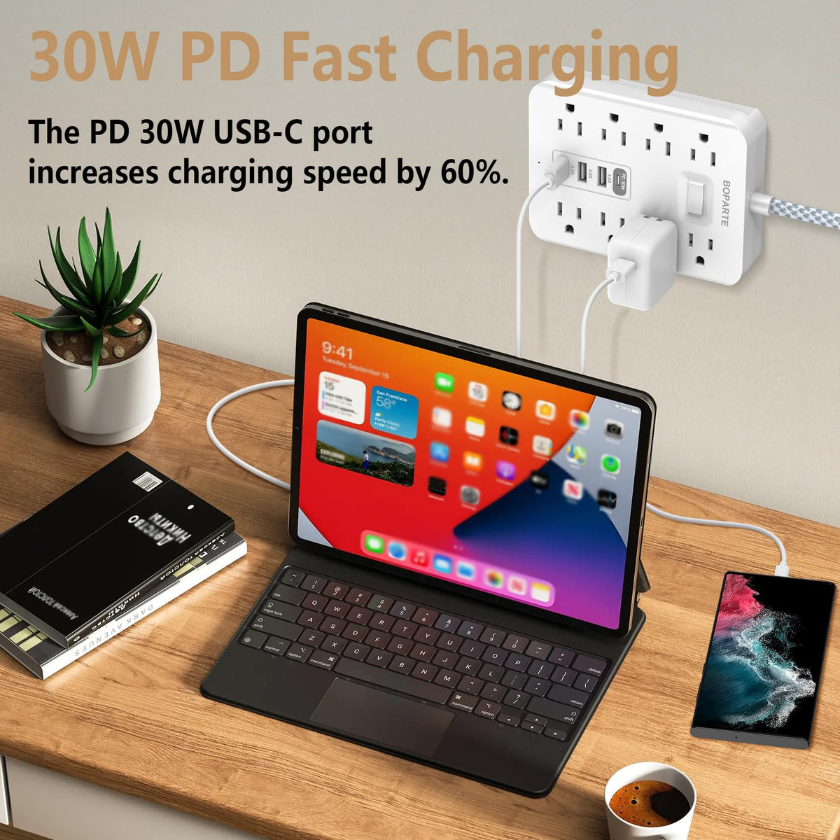BOPARTE surge protector power strip showing 8 AC outlets for multiple devices