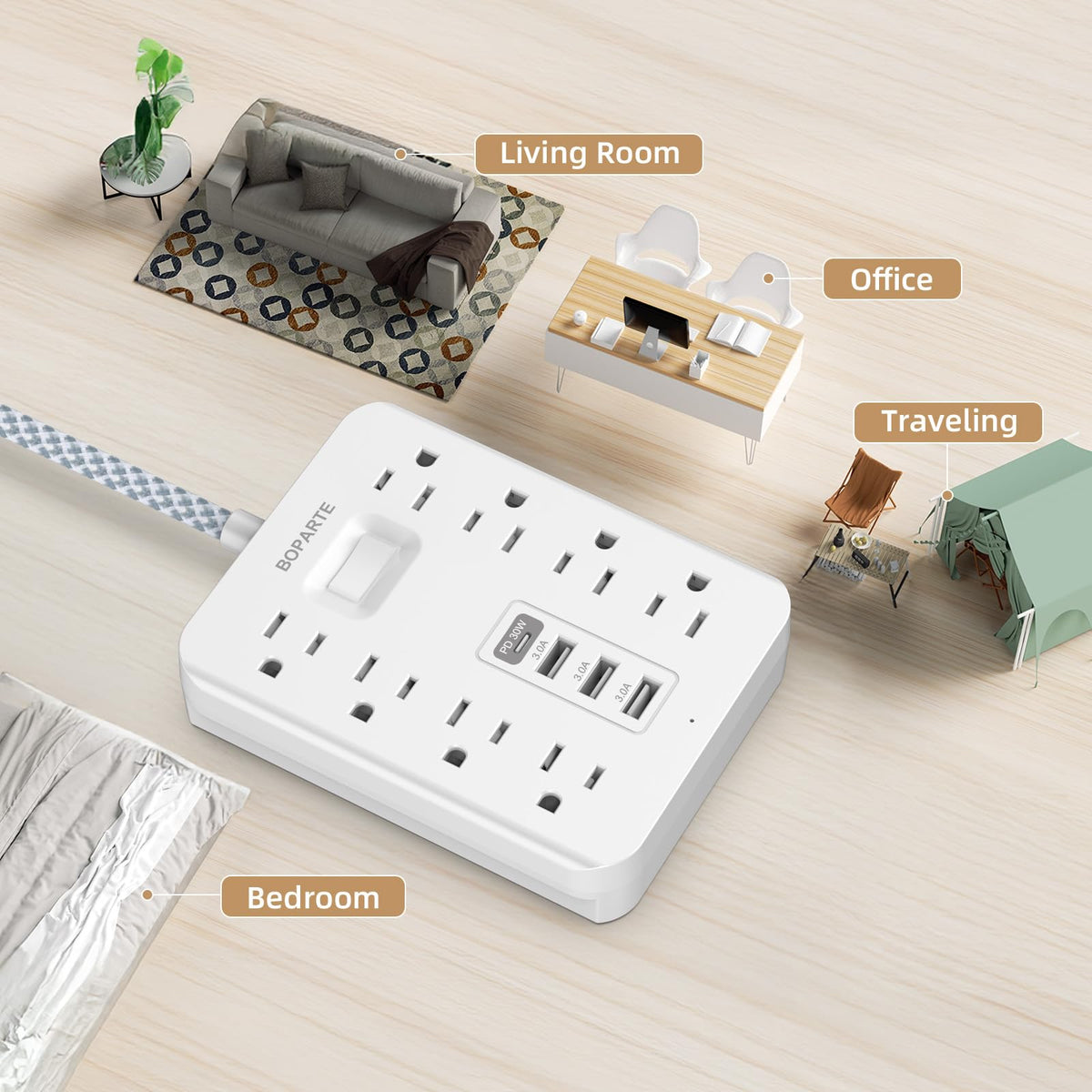 BOPARTE surge protector protects devices from surges and overloads in daily use