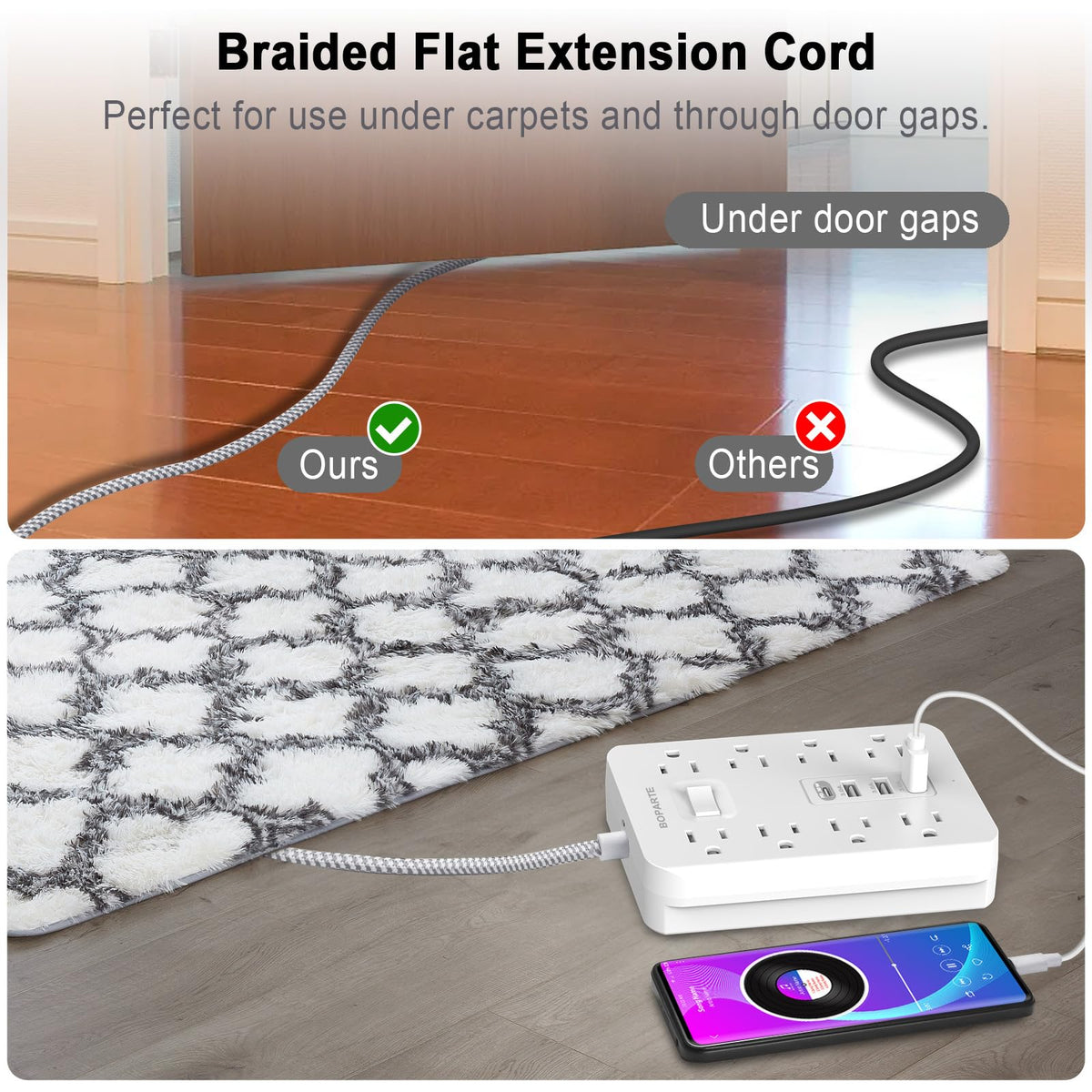 BOPARTE power strip with back-mount hole for secure placement