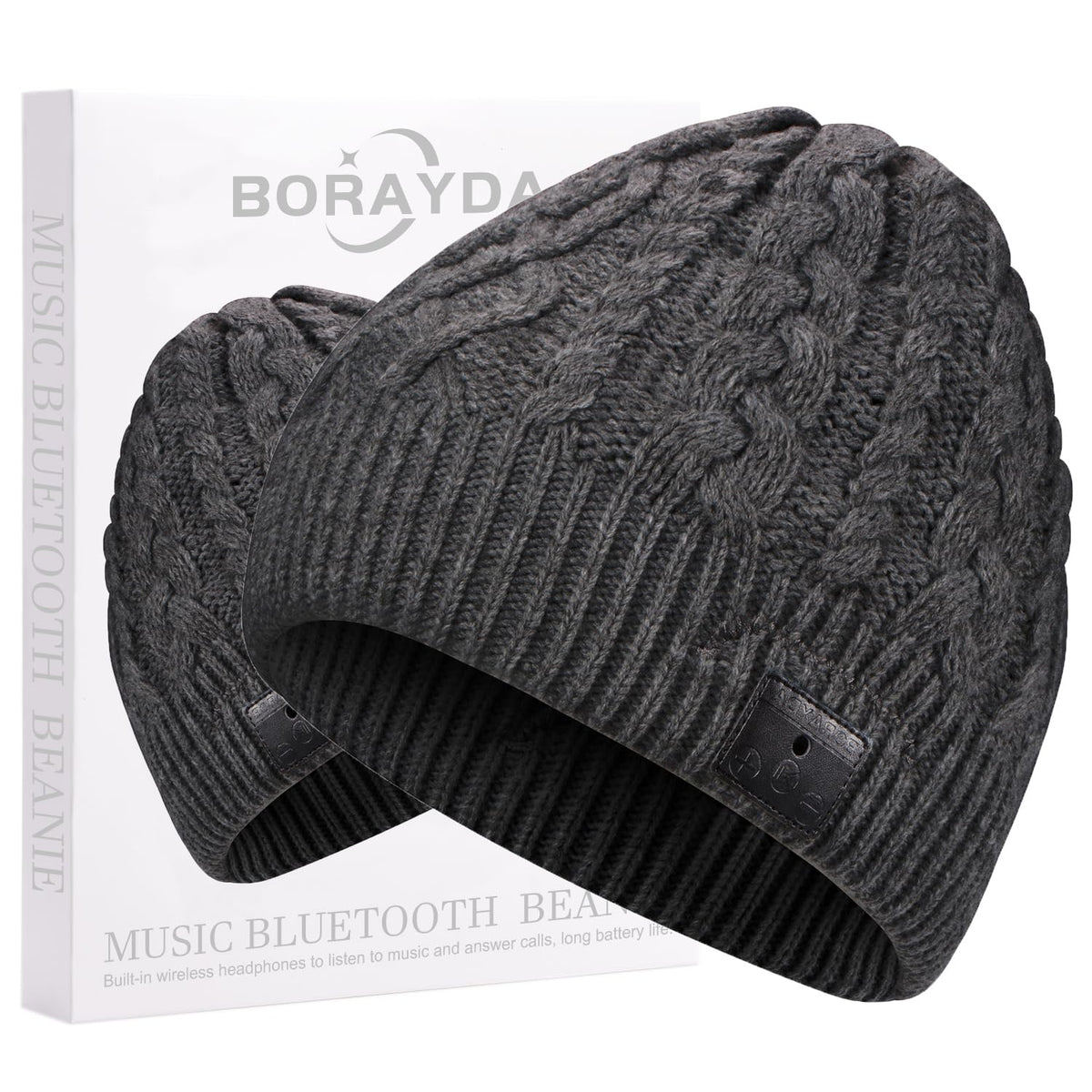 Borayda Bluetooth beanie front view highlighting warm, comfortable fit for outdoor listening.