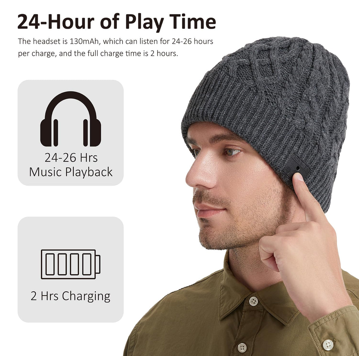 Borayda Bluetooth beanie side view showing built-in mic for hands-free calls.