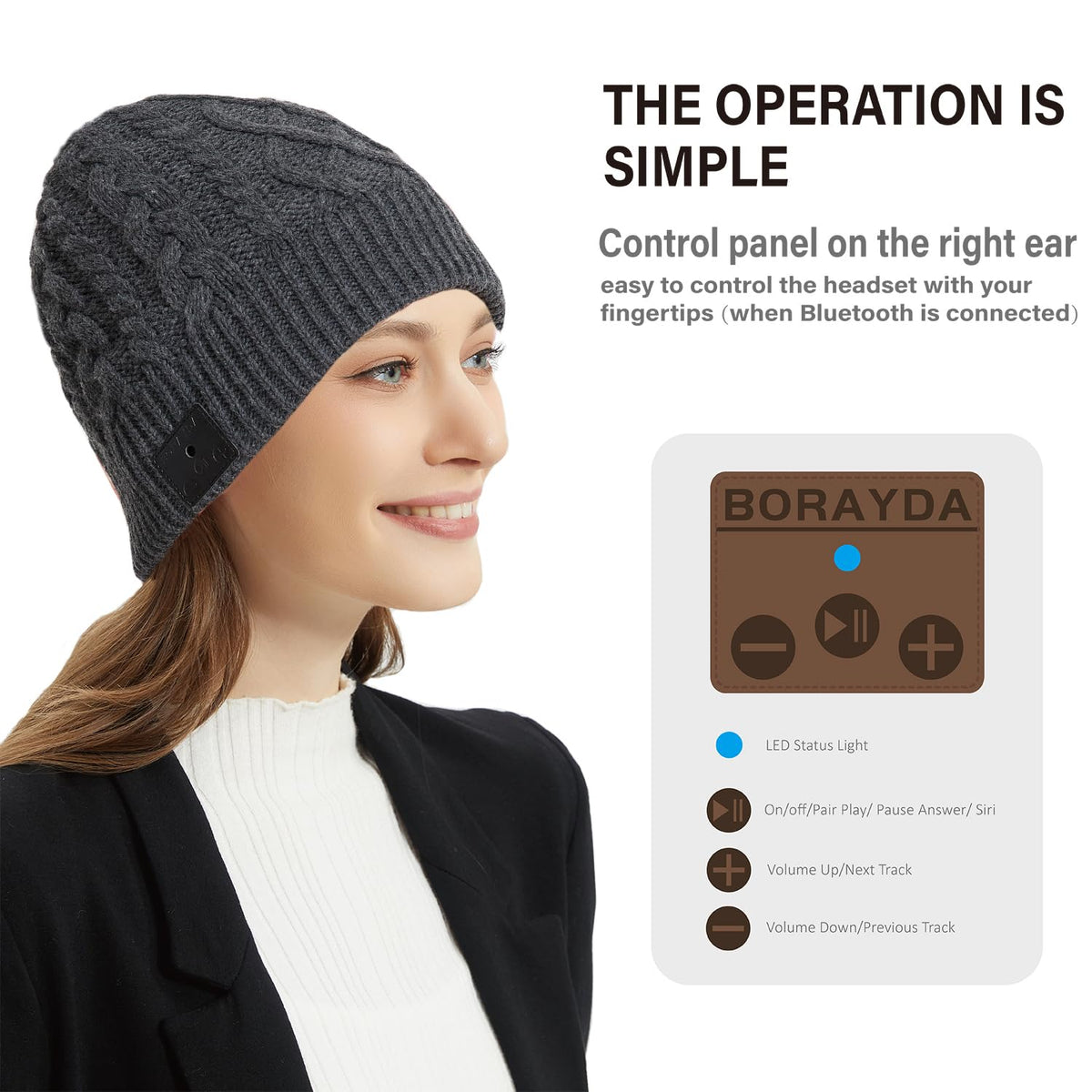 Borayda beanie interior close-up with soft double-layer lining for warmth.