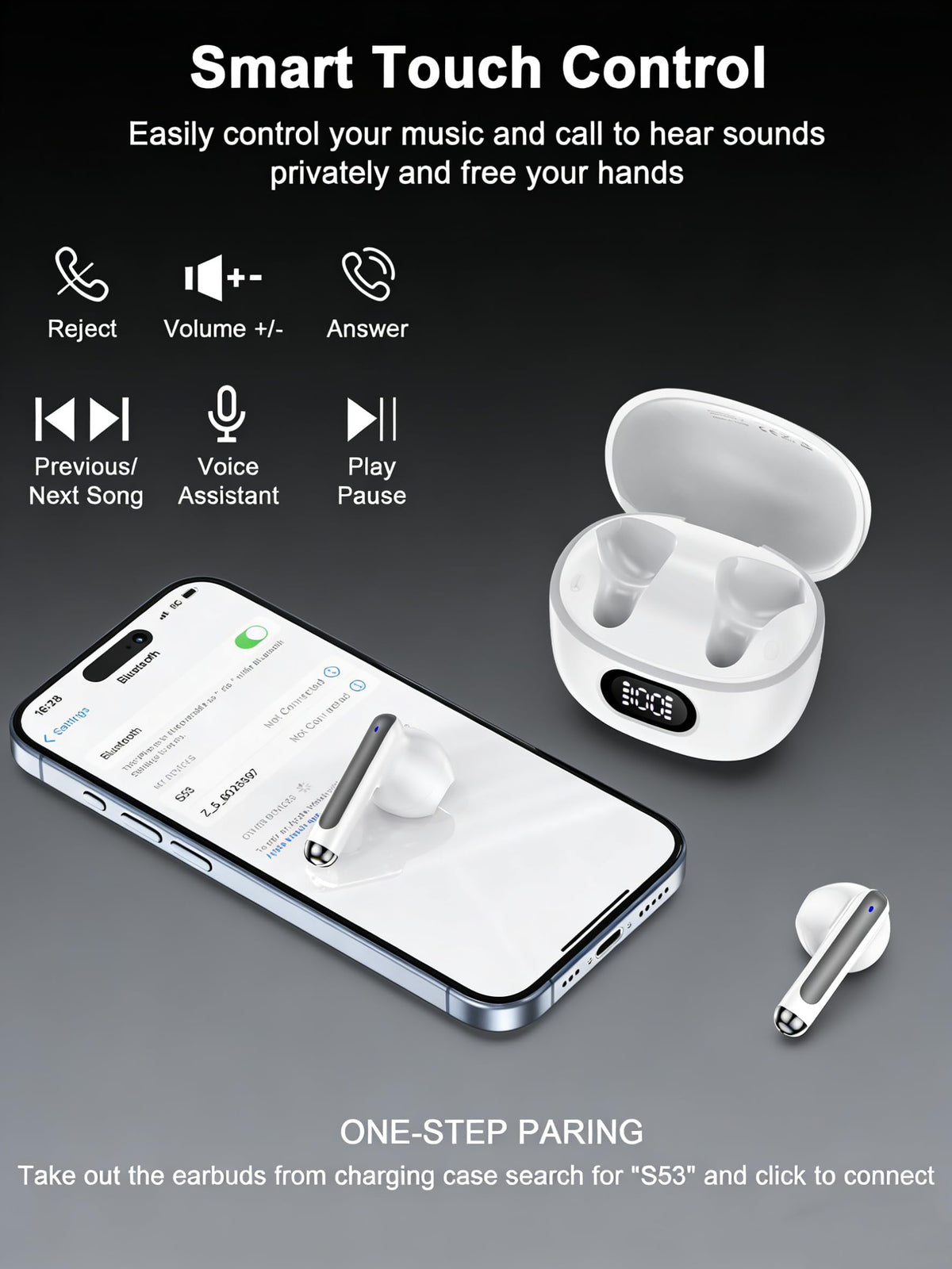 Bordsek charging case open with earbuds, emphasizes 40 hours total playback benefit