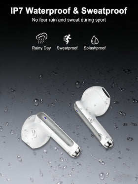 Bordsek earbuds next to credit card for scale, conveying compact lightweight convenience