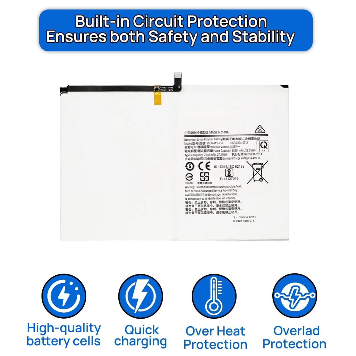 BORSCELLOR SCUD-WT-N19 battery specifications label showing capacity and voltage