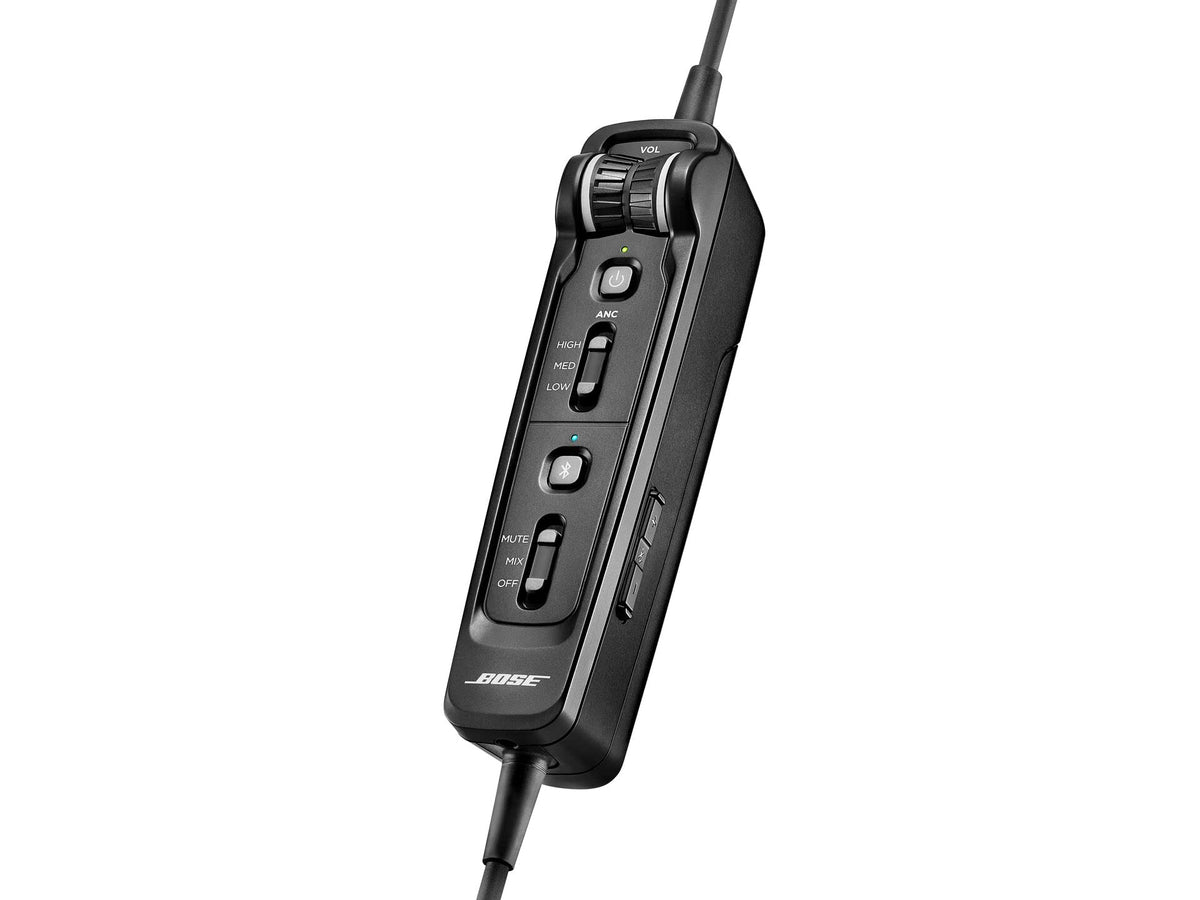 Bose A30 headset with mic demonstrating three selectable noise cancellation modes.