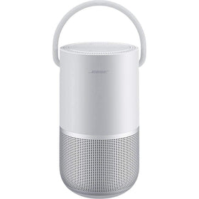 Bose Portable Smart Speaker in silver, front view, immersive 360-degree sound for any space