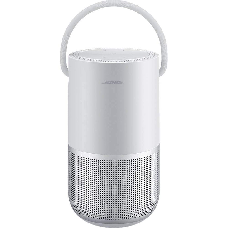 Bose Portable Smart Speaker in silver, front view, immersive 360-degree sound for any space