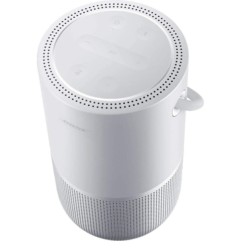 Bose Portable Smart Speaker in silver, top view, convenient voice control with Alexa and Google Assistant