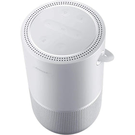Bose Portable Smart Speaker in silver, top view, convenient voice control with Alexa and Google Assistant